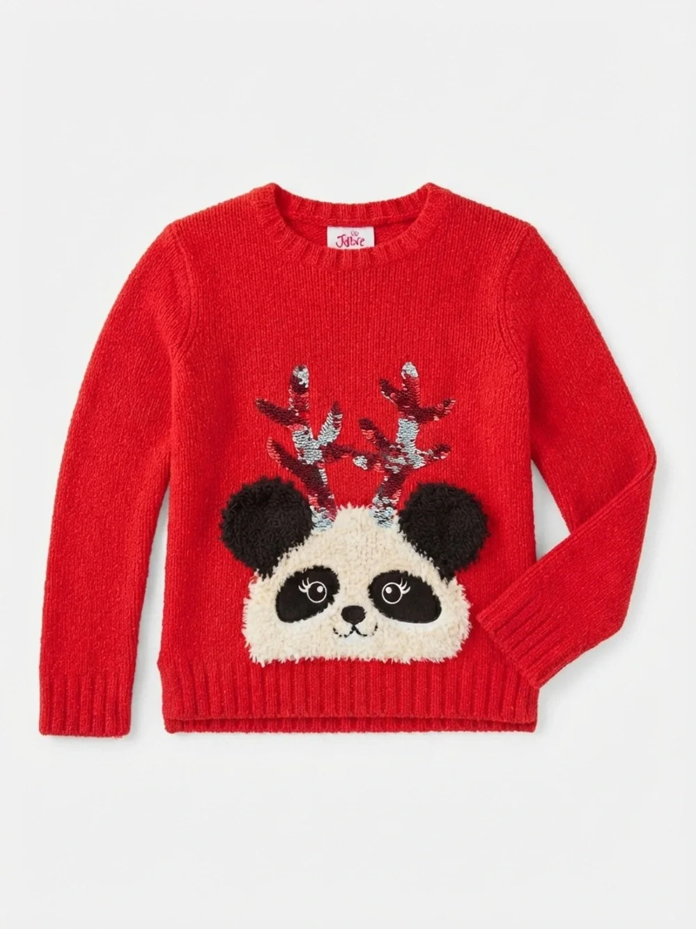Justice Girls Red Panda Face Sweater with Sequin Antlers Size 6/7